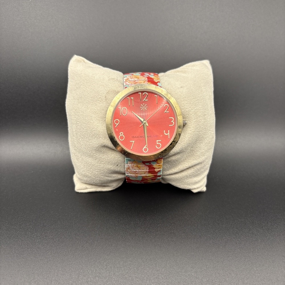 Isaac Mizrahi Live Watch Red Floral Expansion Band Gold Tone For Parts Repair